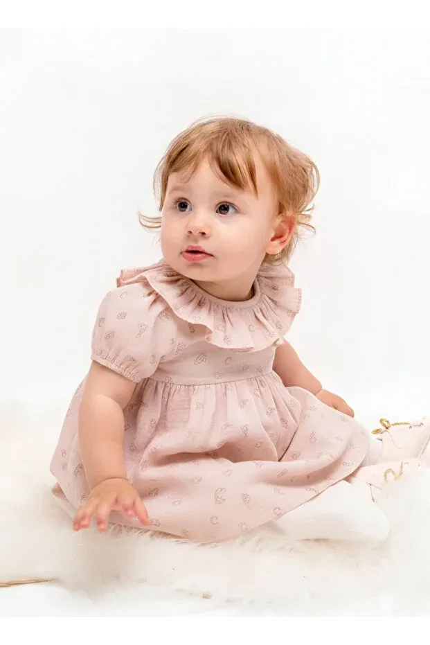 Детское платье для девочек с принтом Ruffle Collar Printed Muslin Girl Dress Cassiope, Pink — фото 3