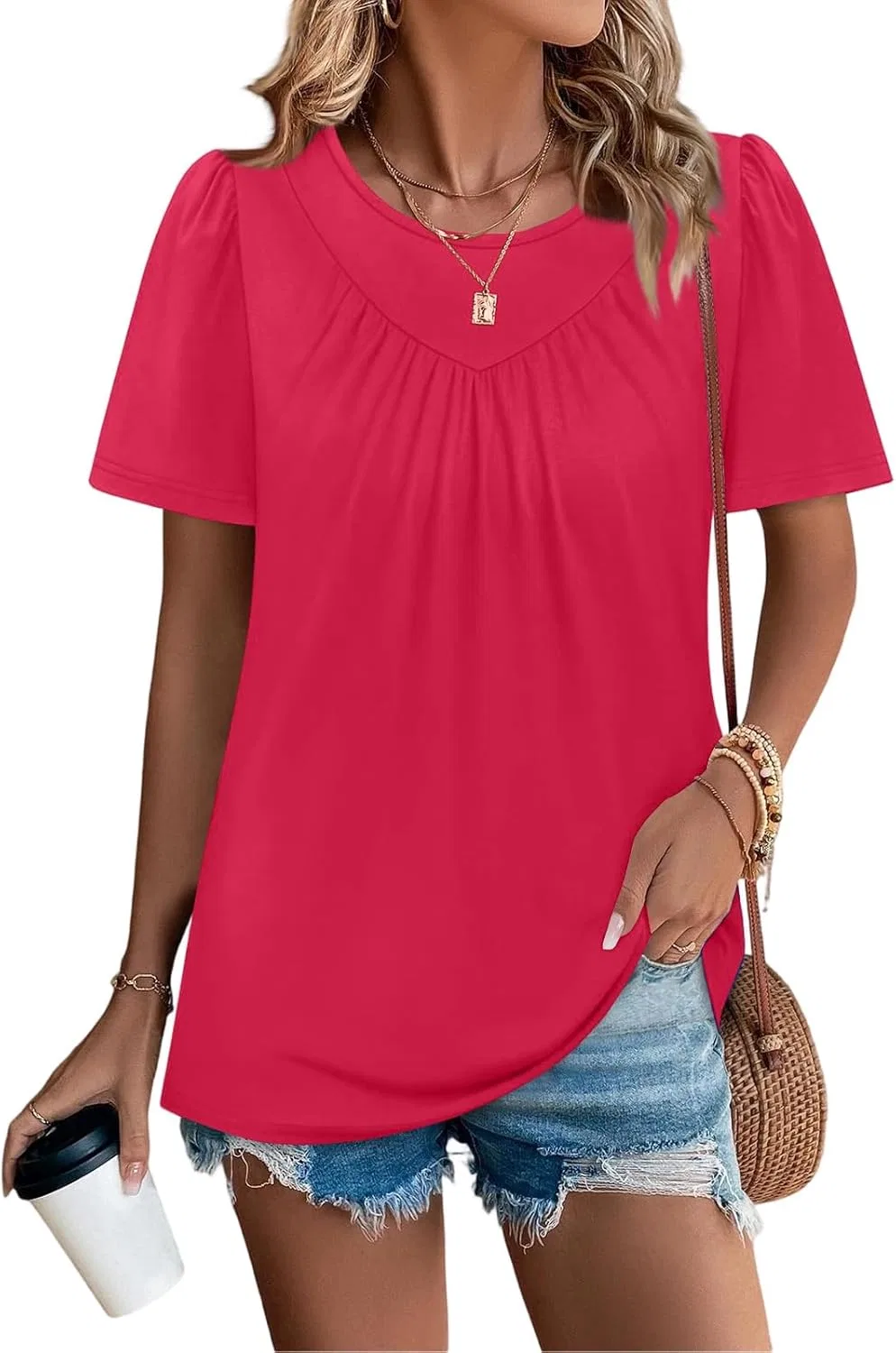 Женская футболка с плиссированным воротником, Summer, Red
