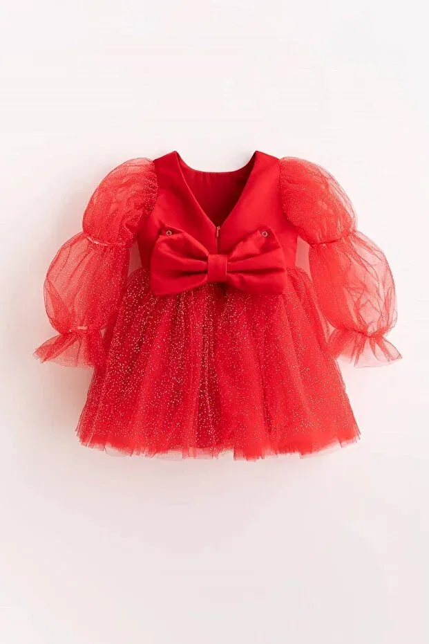 Детское платье для девочек с длинным рукавом Pearlie ruffled sleeve glitter tulle girls' dress Banamio, Red — фото 2