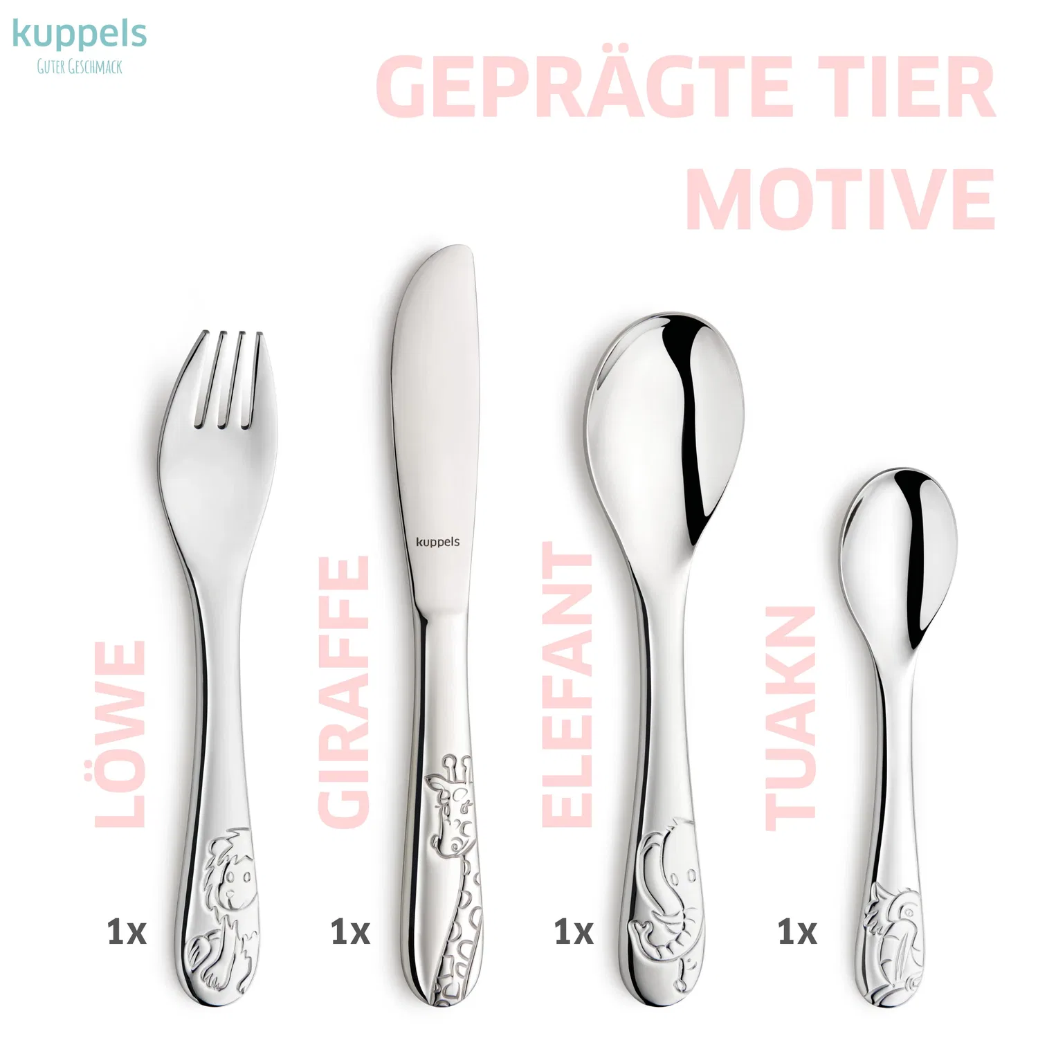 Детский столовый прибор комплект 4 предмета с животными джунглей Kuppels, стальной — фото 2