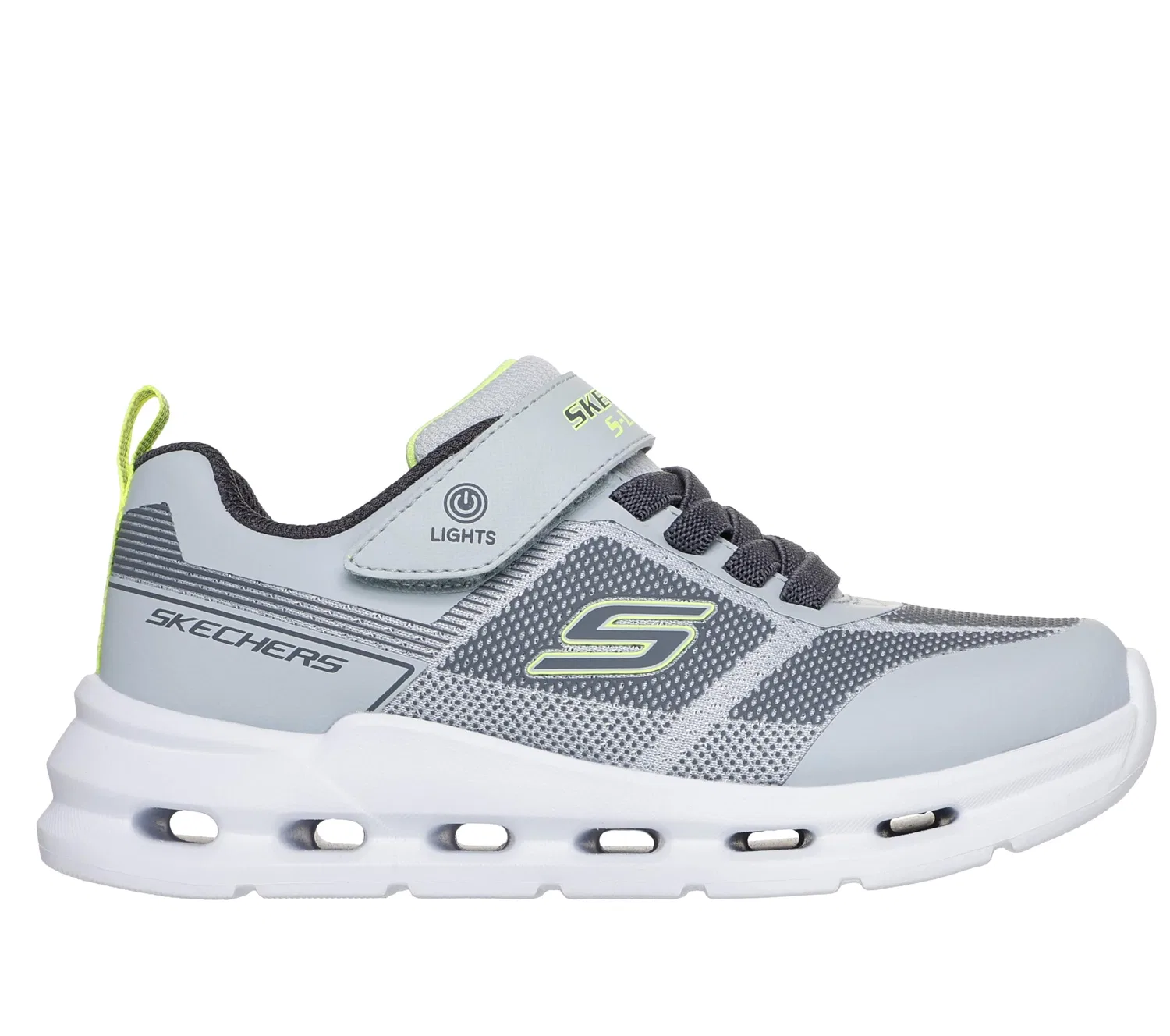 Детские кроссовки для мальчиков со светодиодами Glide-step Lights Skechers, Grey Synthetic Textile Lime Trim — фото 4
