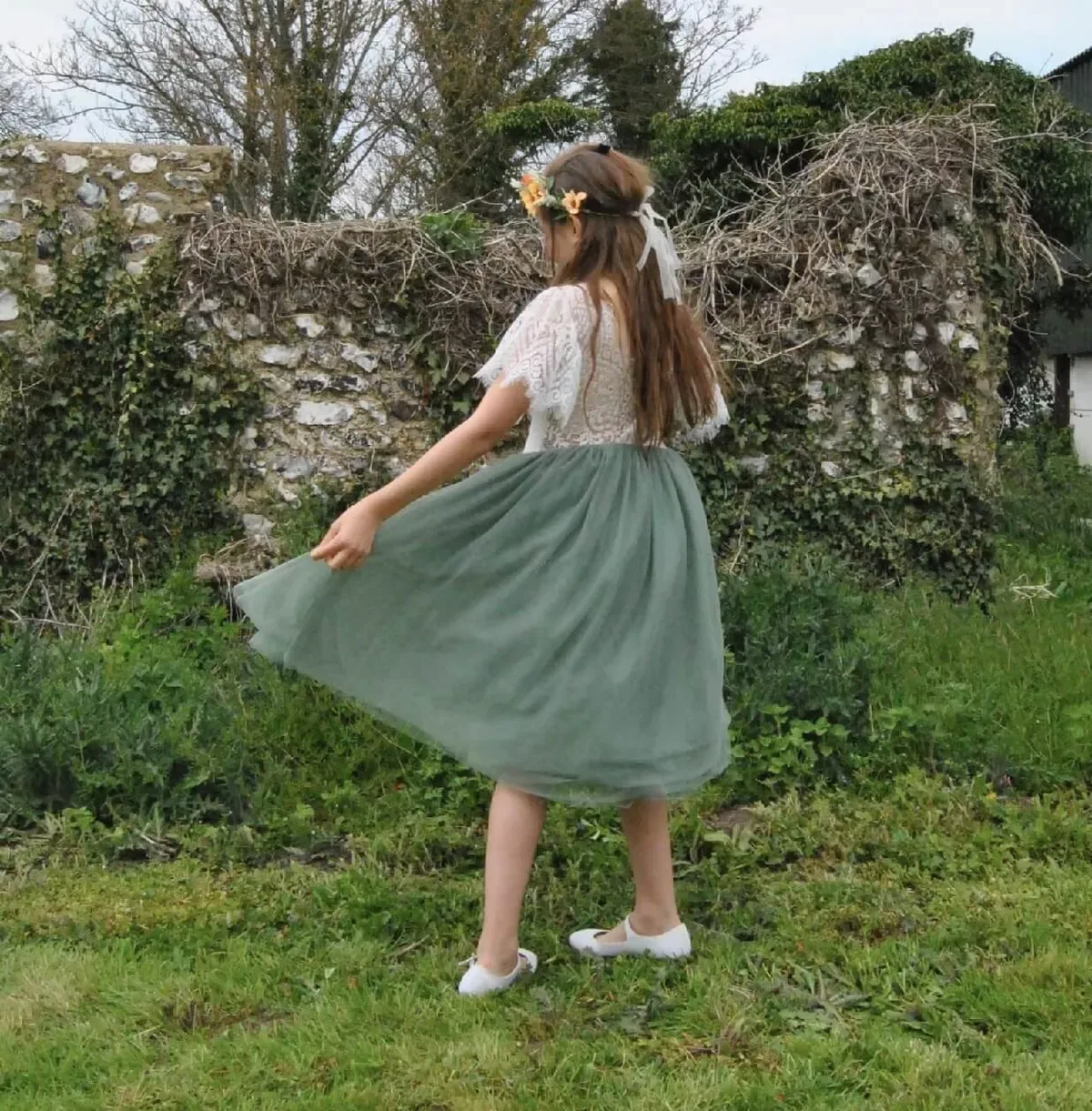 Детское платье с летящим рукавом Bohemian Flutter Tea Dress Uk Flower Girl Boutique, Green — фото 2
