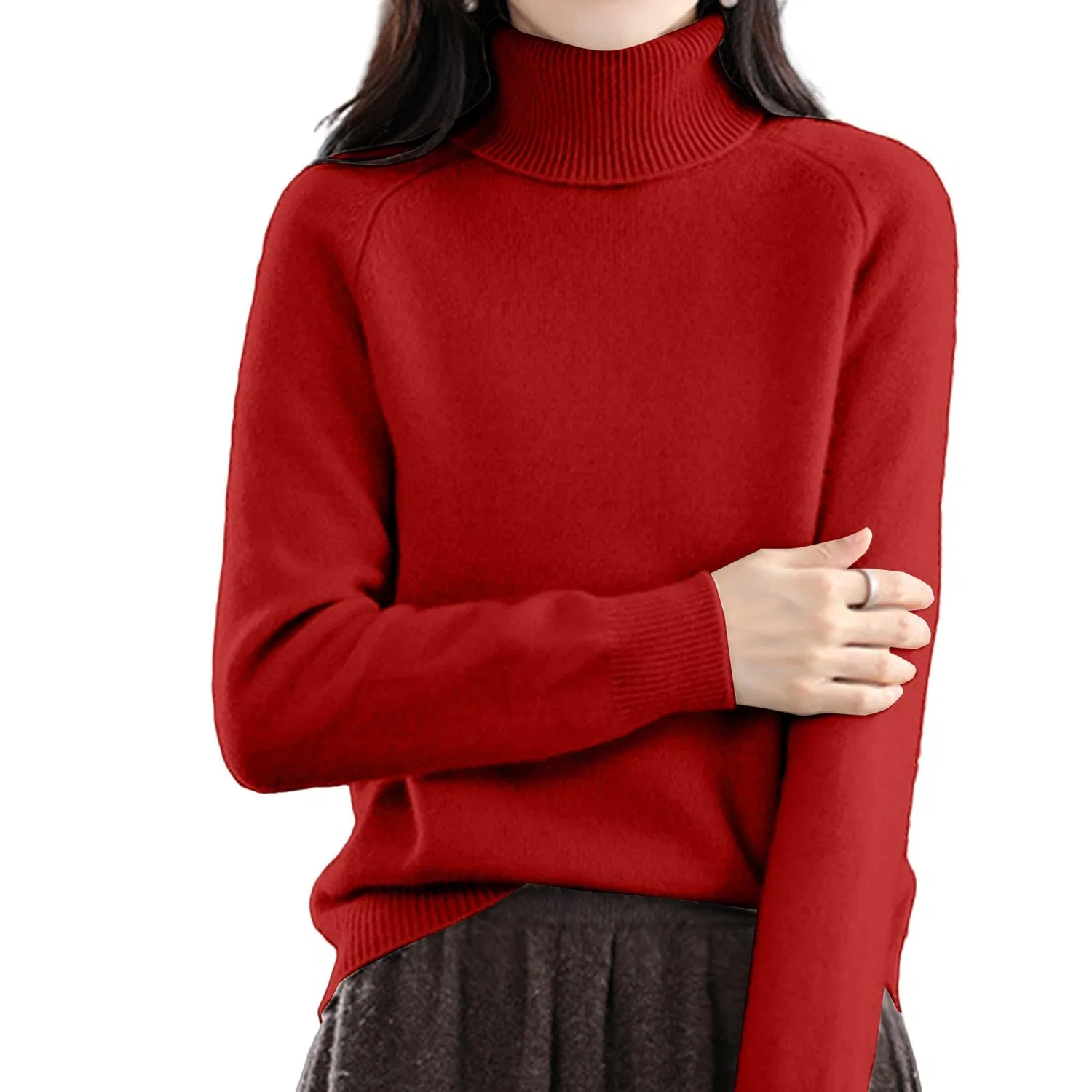 Женский свитер с высоким воротником, облегающий, с длинным рукавом, Red — фото 2