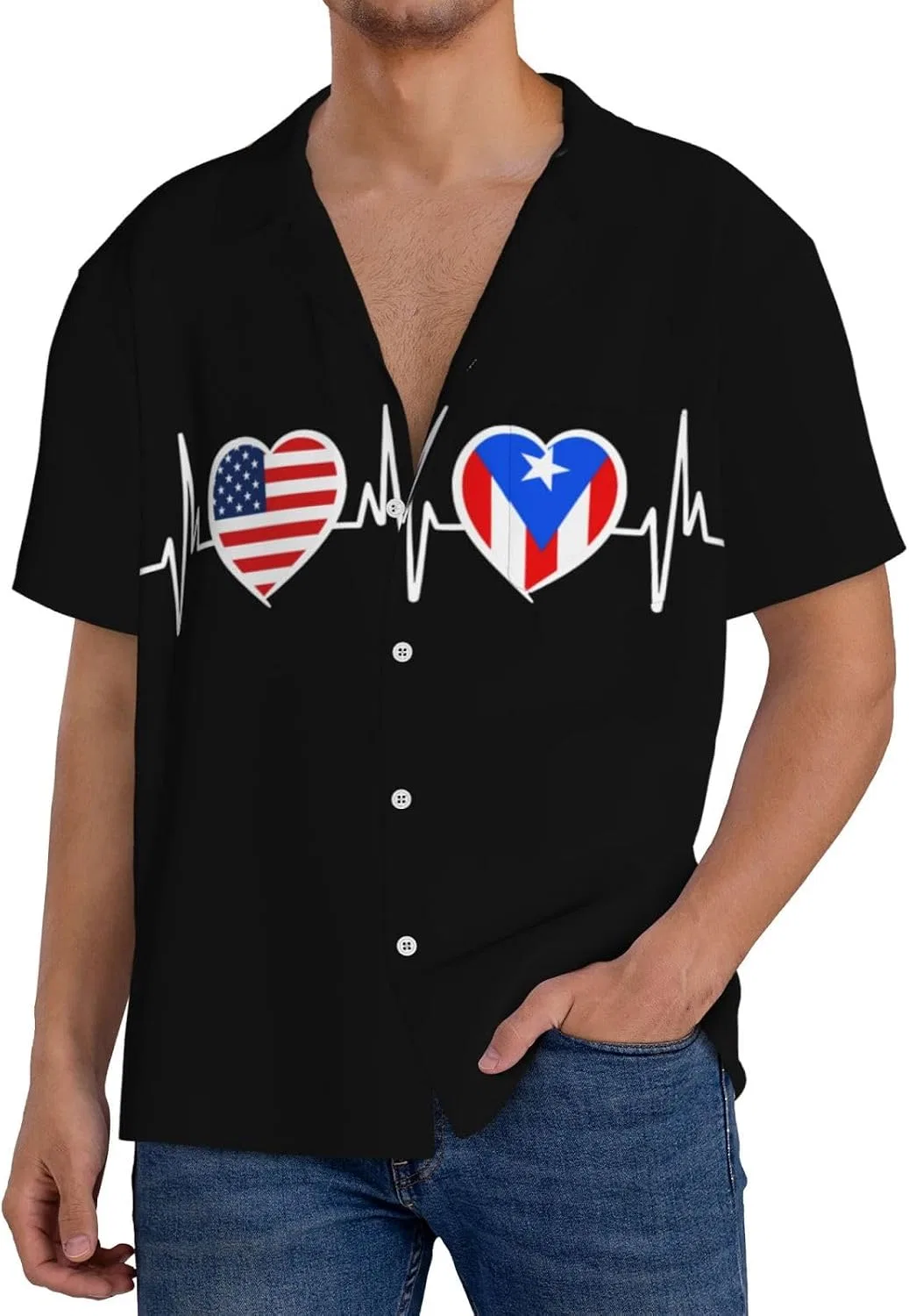 Мужская свободная футболка с принтом флага Пуэрто-Рико Cuba Collar, Black