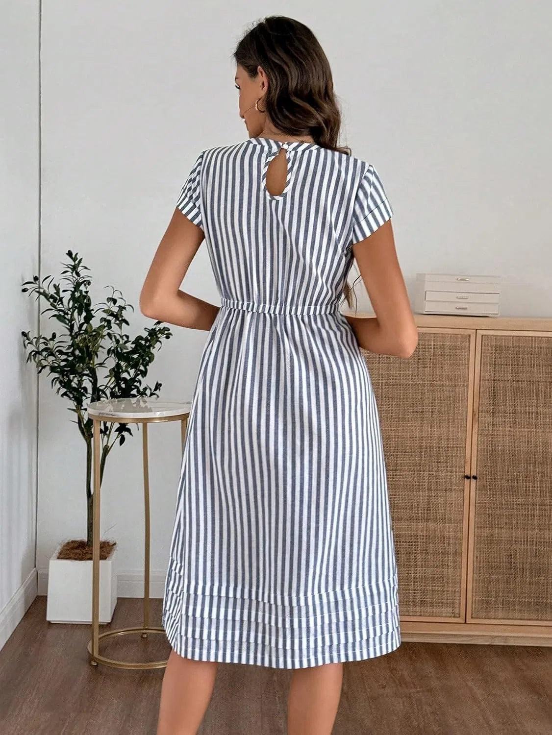 Женское повседневное платье миди с полосатым поясом, Round Neck, Blue and White — фото 3