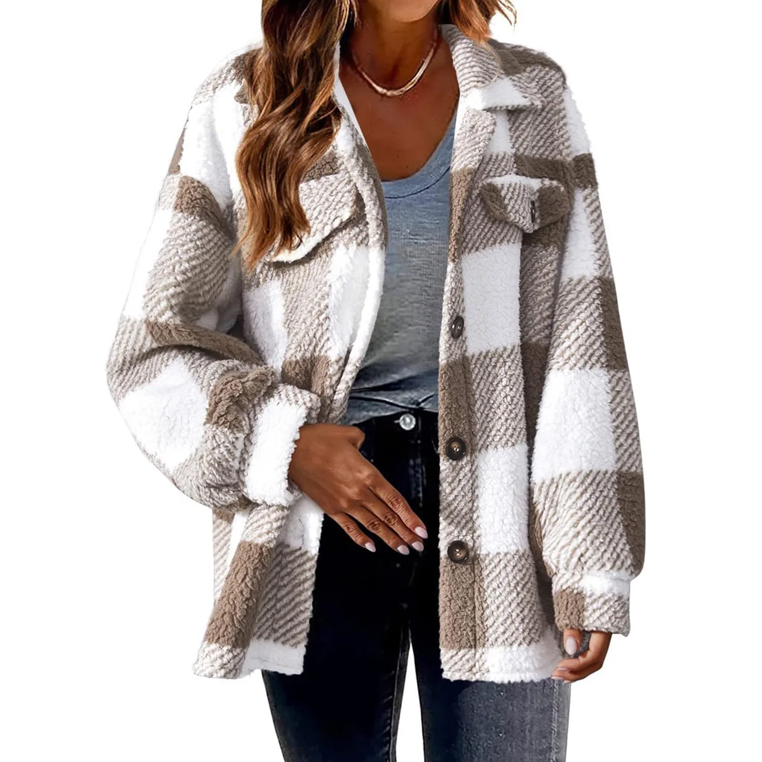 Женское флисовое пальто с принтом Women Plaid Fleece Jacket, cachi — фото 3