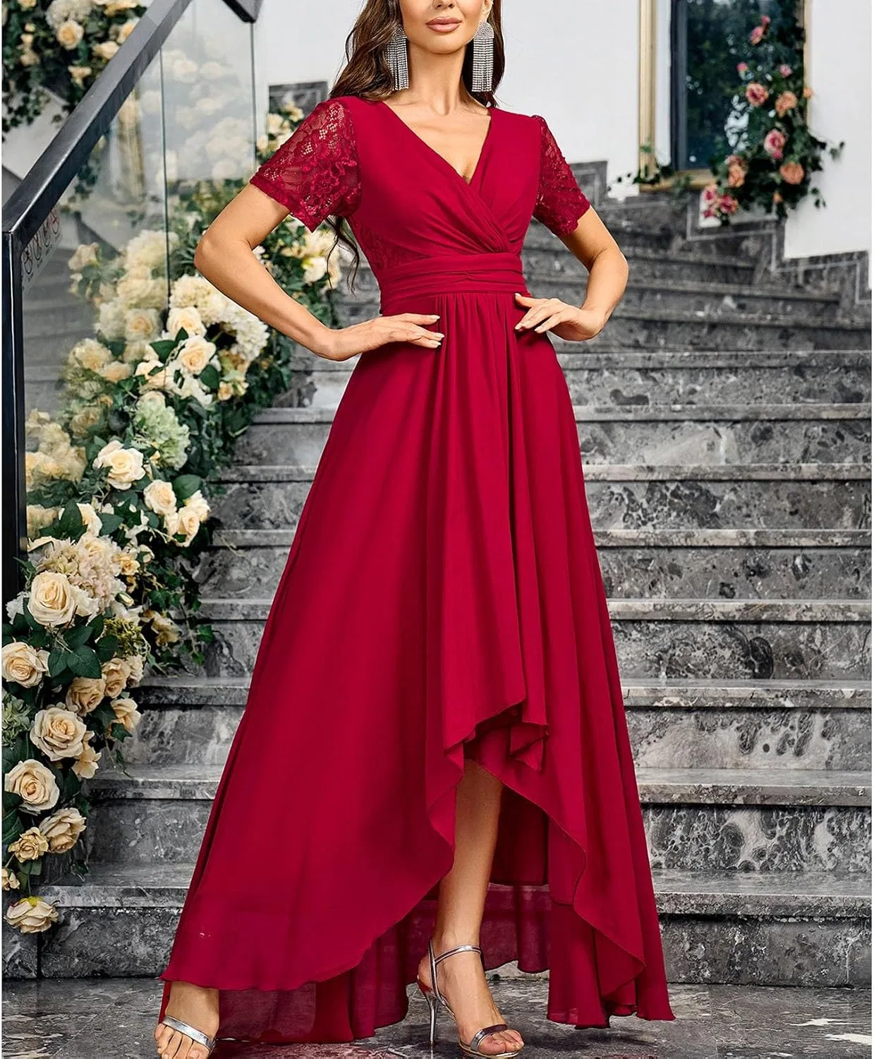 Женское вечернее платье макси V-образный вырез, Wine Red — фото 4