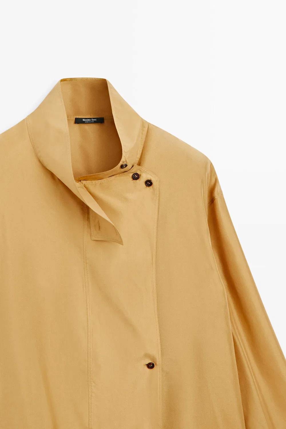 Рубашка Massimo Dutti, из шелка, с перекрестным воротником-стойкой, горчично-желтый — фото 4