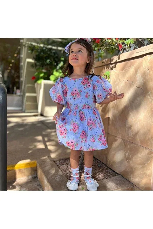 Детское платье для девочек с цветочным принтом La'Ciel paris floral patterned dress with hair clip Anonim, Blue — фото 3