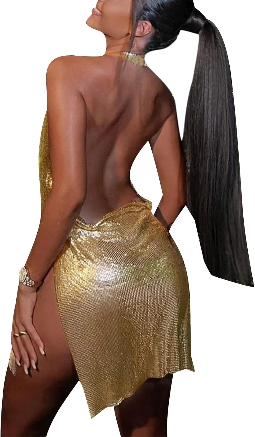 Женское сексуальное мини-платье с пайетками Halter, Gold — фото 4