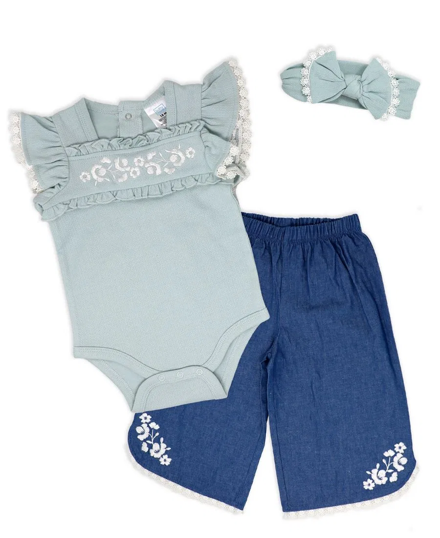 Комплект из боди с коротким рукавом, джинсовых штанов и повязки на голову Baby Mode, Denim Blue