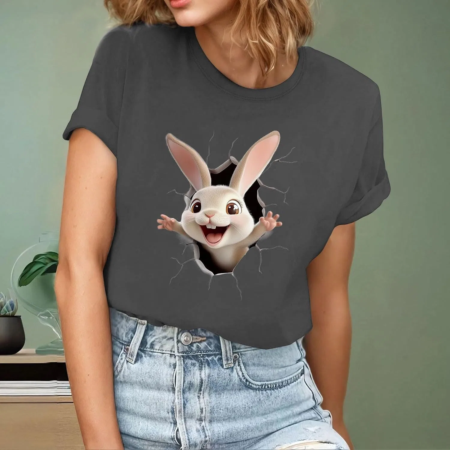 Женская футболка-свитшот с принтом кролика, Easter Day Shirts, тёмно-серый — фото 2