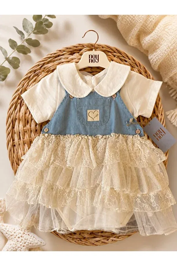 Детский комплект джинсового жилета с кружевной юбкой Noynoy Baby, Ecru