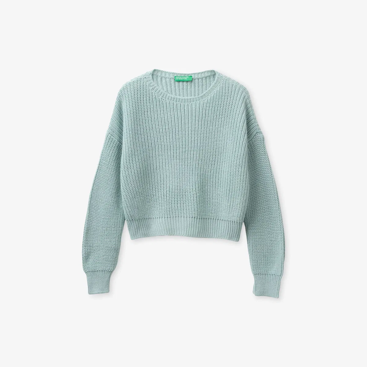 Хлопковый джемпер свободного кроя с круглым вырезом, размер 6-13 лет Benetton, зеленый