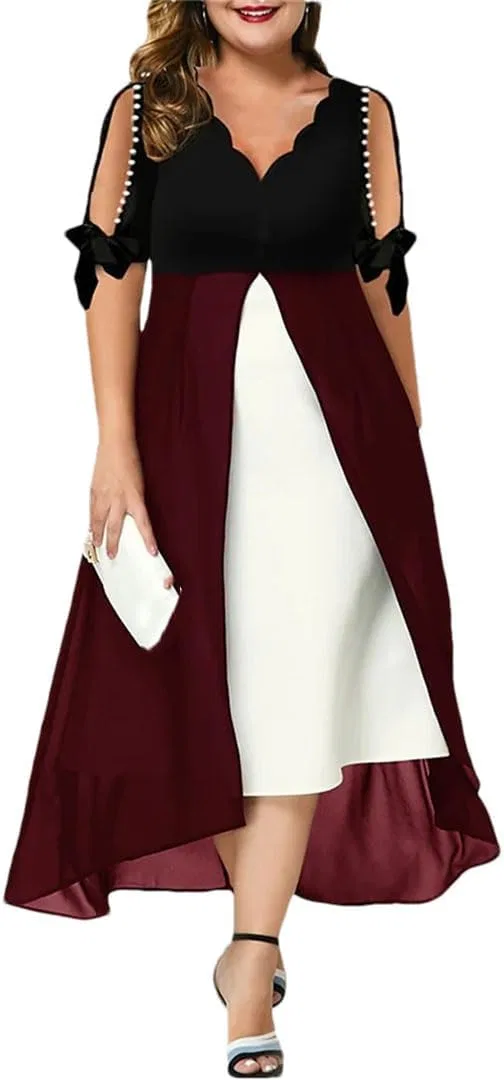 Женское платье с V-образным вырезом и жемчужными рукавами, Wine Red