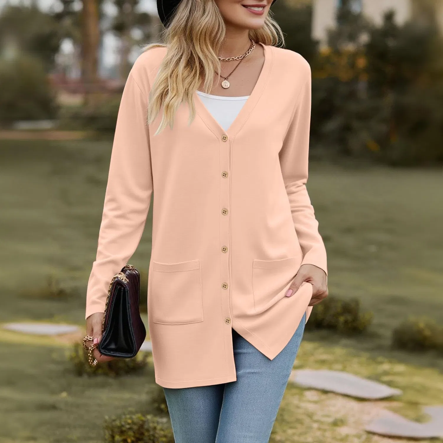 Женский легкий кардиган с длинным рукавом с карманами, Pink Gold — фото 3