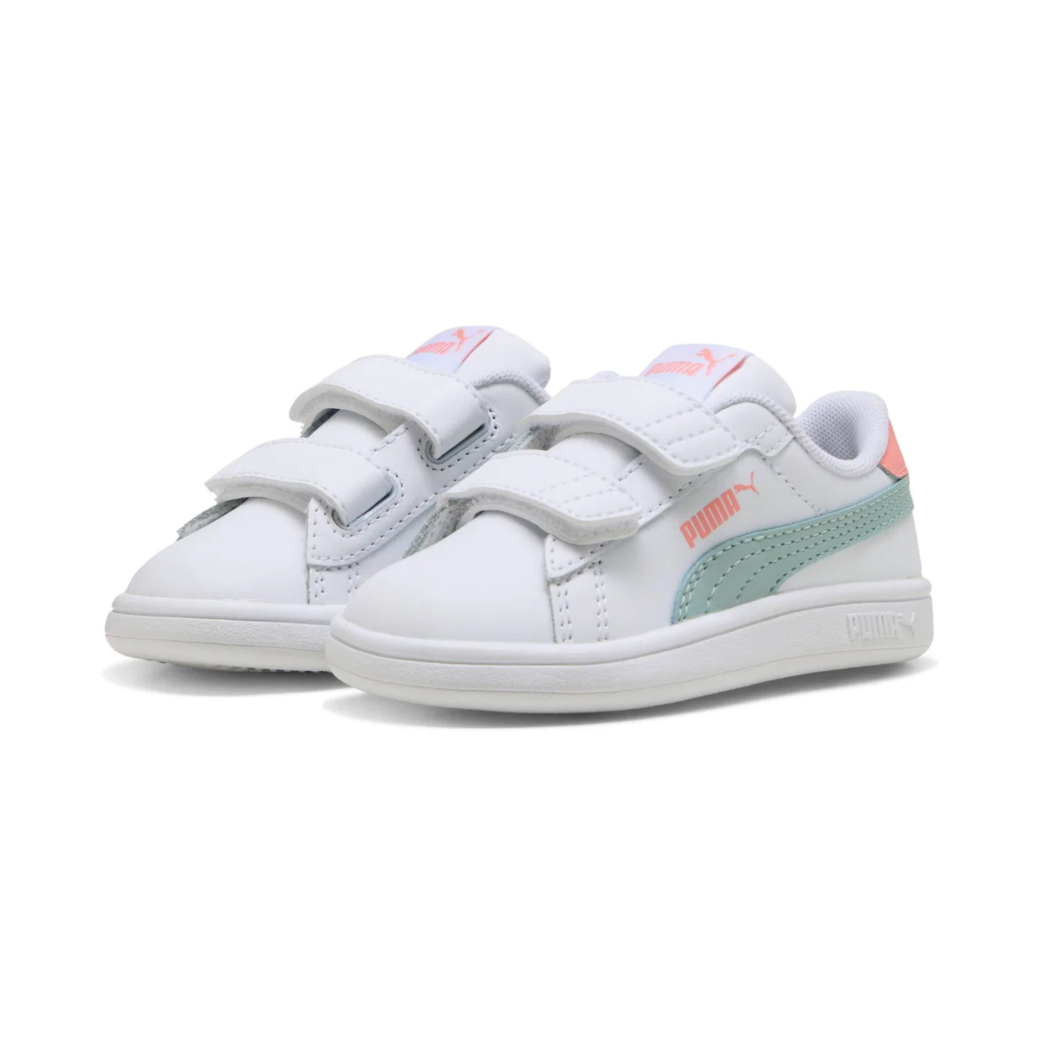 Детские кожаные кроссовки с липучками PUMA, PUMA White-Modern Mint-Pink Fruit