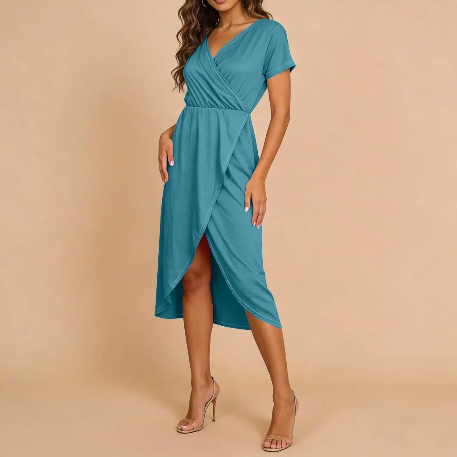 Женское летнее платье макси V-образный вырез с запахом Generic, Light Blue — фото 4