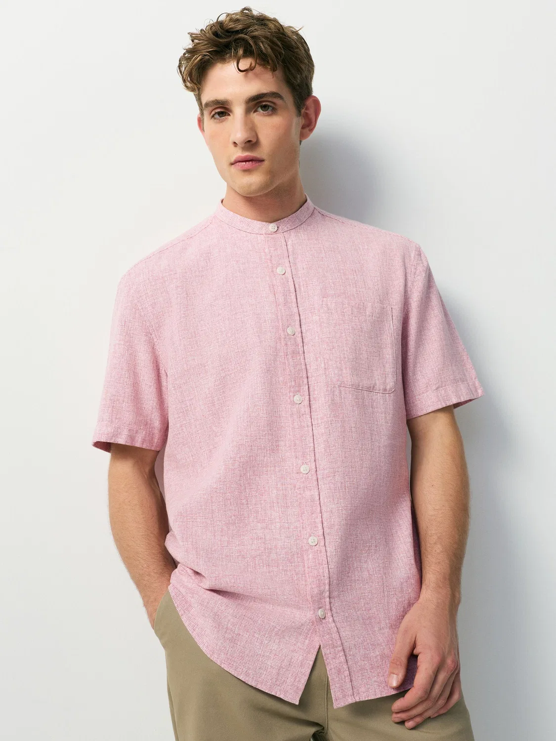 Рубашка с дедовым воротником, короткий рукав, Cotton Linen Blend Next, розовый