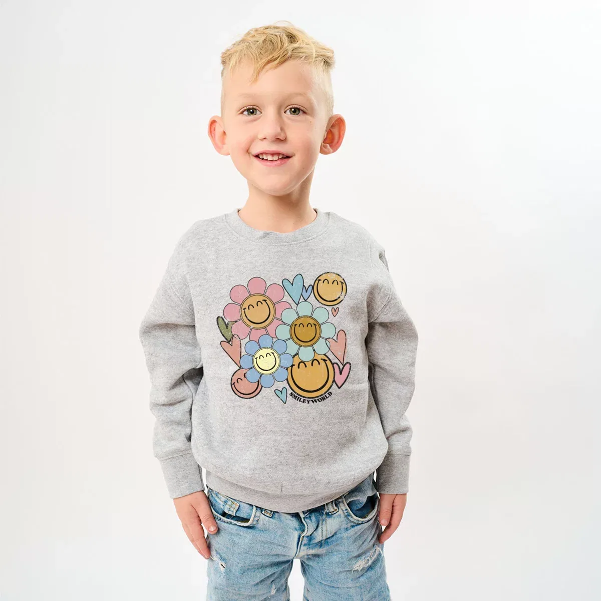 Детский свитшот с принтом SmileyWorld Flower Smiley Face The Juniper Shop, Heather Grey — фото 2