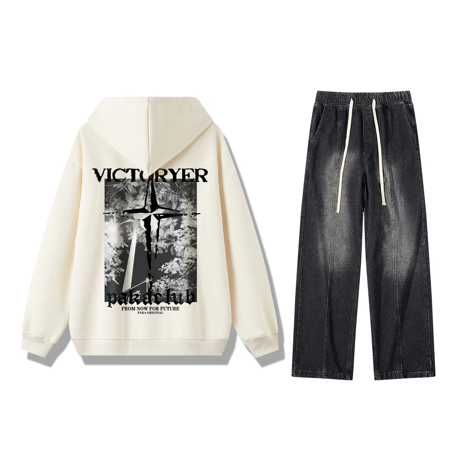 Детский комплект из худи и брюк с капюшоном PAKA, Cream Top+Black Gray Pants