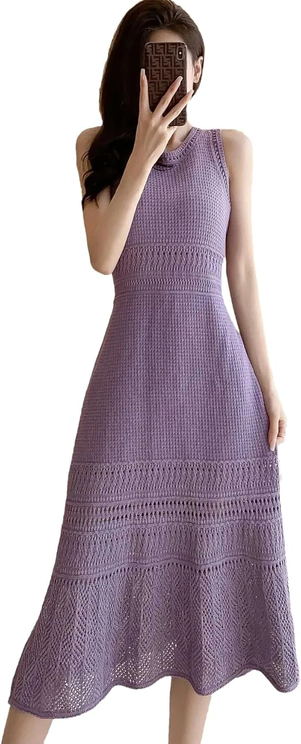 Женское вязаное платье-жилет с вырезами O-Neck, Purple