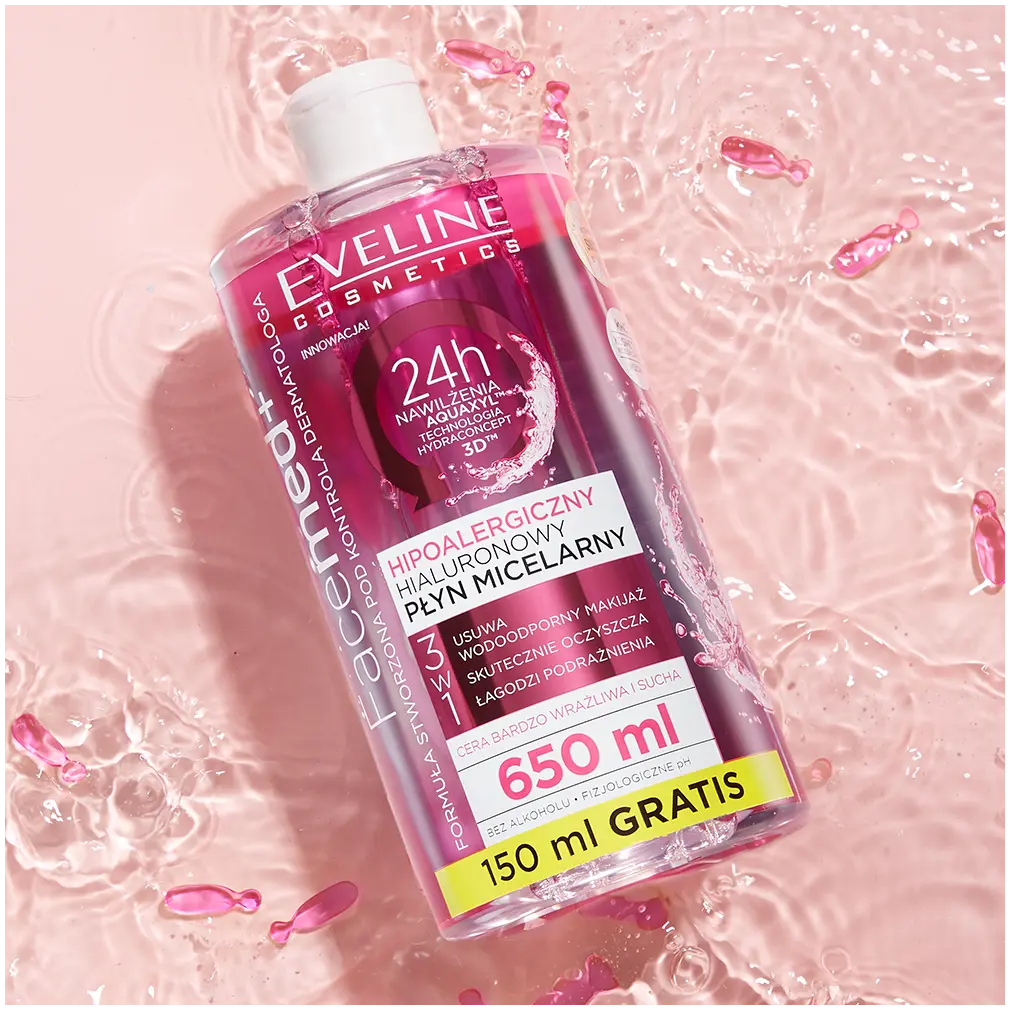 Мицеллярная вода Eveline Cosmetics — Facemed гиалуроновая 3в1 для лица, 650 мл — фото 3