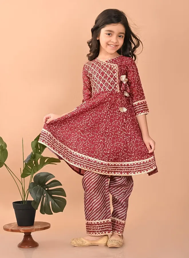 Комплект курта с принтом, модель Girls kurta set, Lilpicks, коричнево-малиновый