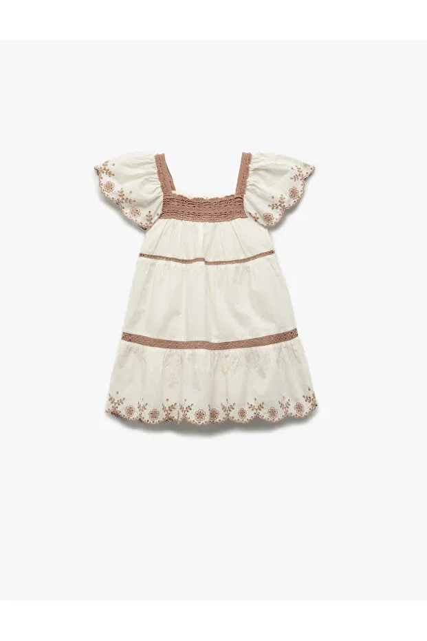 Детское платье для девочек с коротким рукавом Cotton Square Collar Short Sleeve Brode Embroidered Dress Koton, Ecru