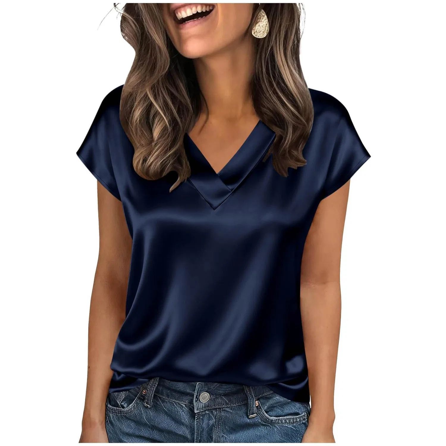 Женская блузка с коротким рукавом из шелкового сатина, Navy Satin Blouses for Women