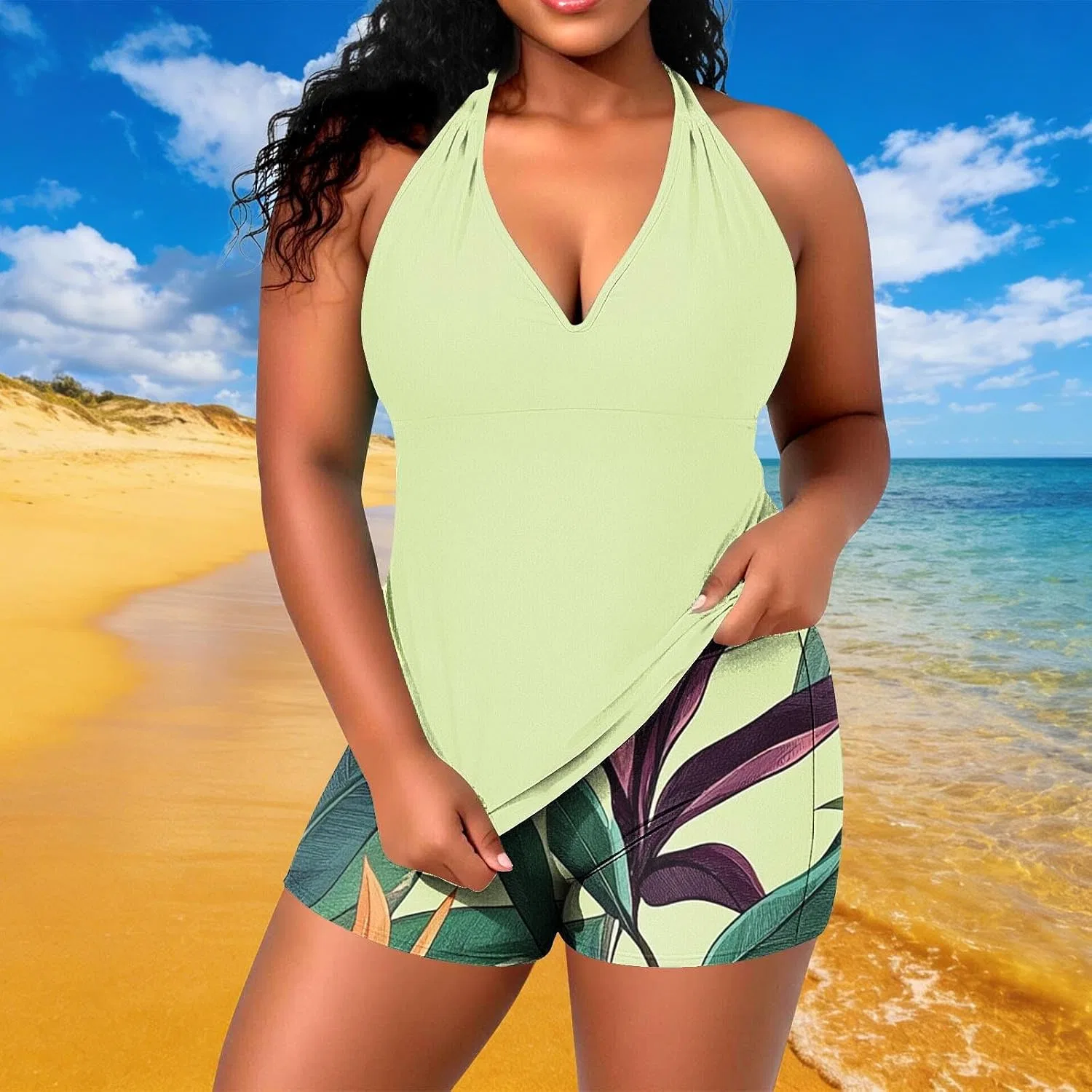 Женский купальный костюм с V-образным вырезом Tankini, Green — фото 2