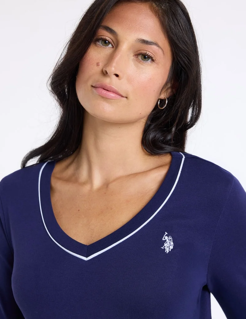Женский лонгслив U.S. Polo Assn. Rib Pipe V-Neck T-Shirt, темно-синий — фото 3