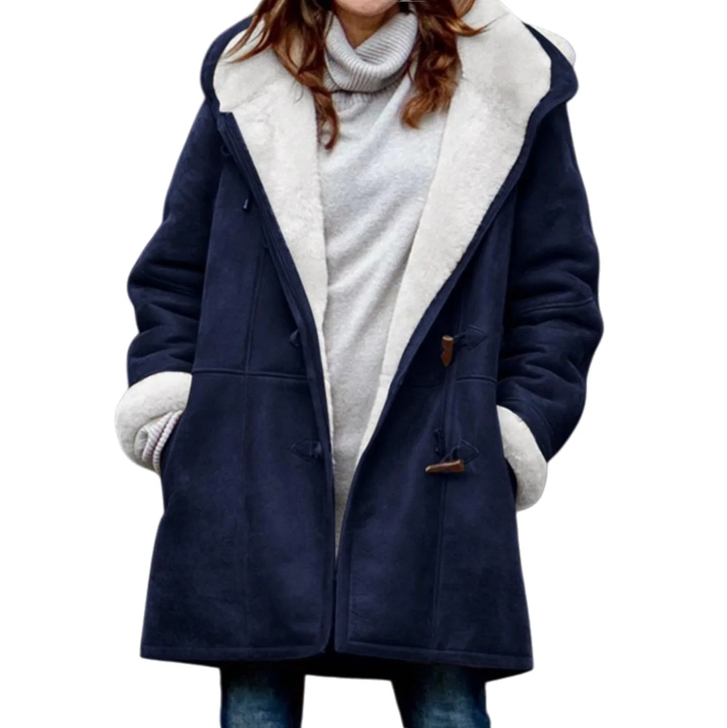 Женское зимнее пальто на флисе с капюшоном и карманами, blu navy