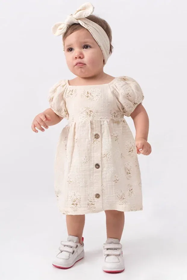 Детское платье для девочек с принтом Floral patterned balloon sleeve bandana girl dress Globaby, Ecru — фото 4