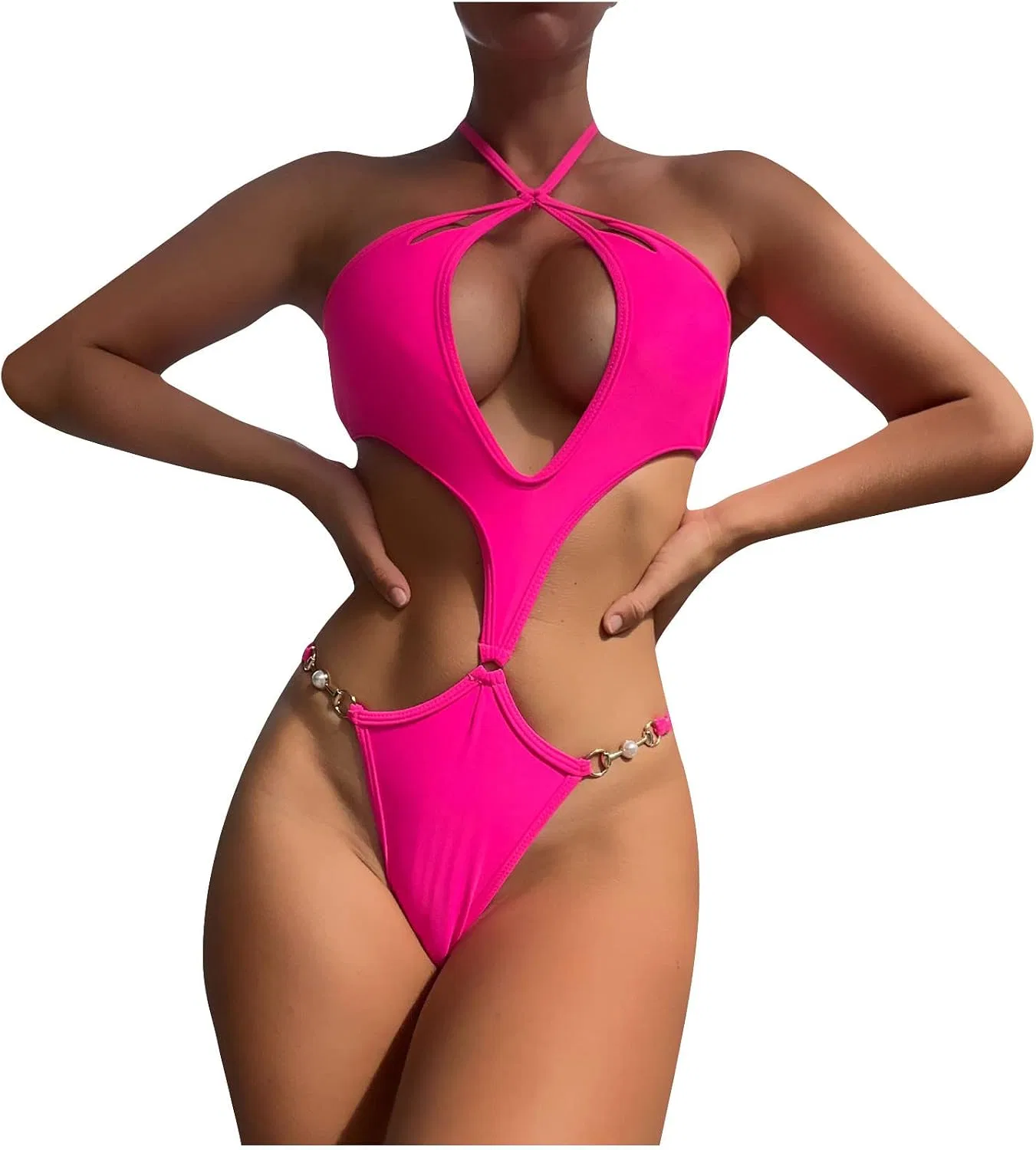 Женский цельный купальник с вырезами Halter Neck, Hot Pink