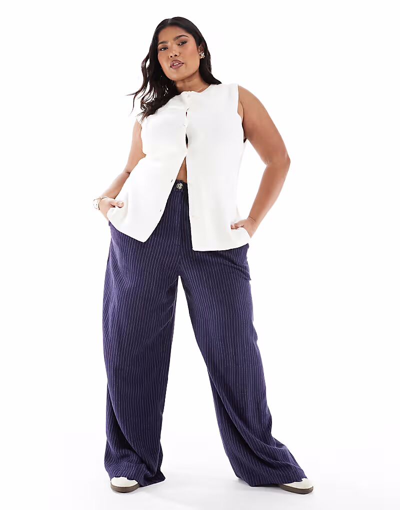 

Брюки прямого кроя ASOS DESIGN Curve с льняной отделкой в темно-синюю полоску