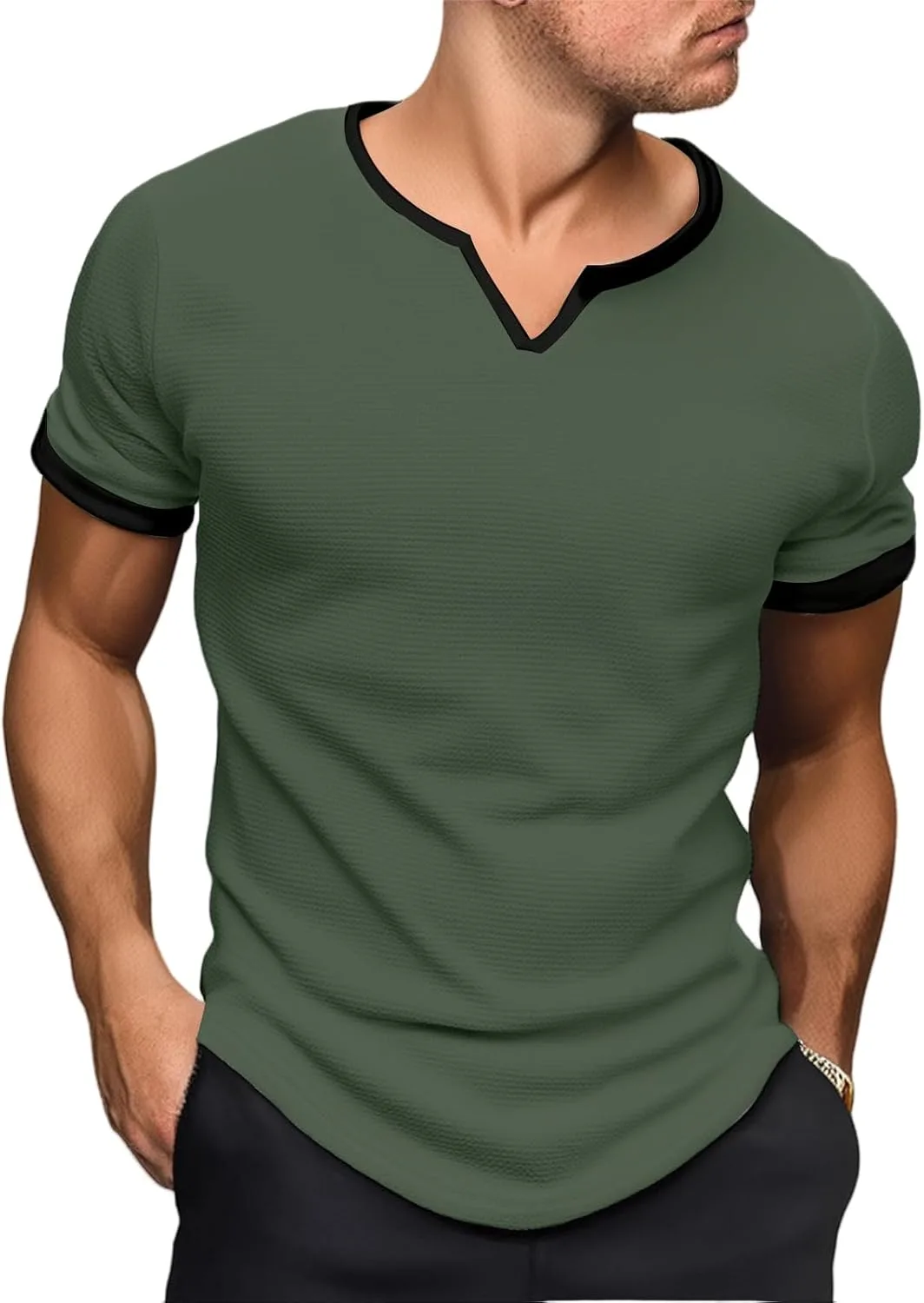 

Мужская футболка с коротким рукавом Henley Notch V Neck Banded Collar CHXLQQX