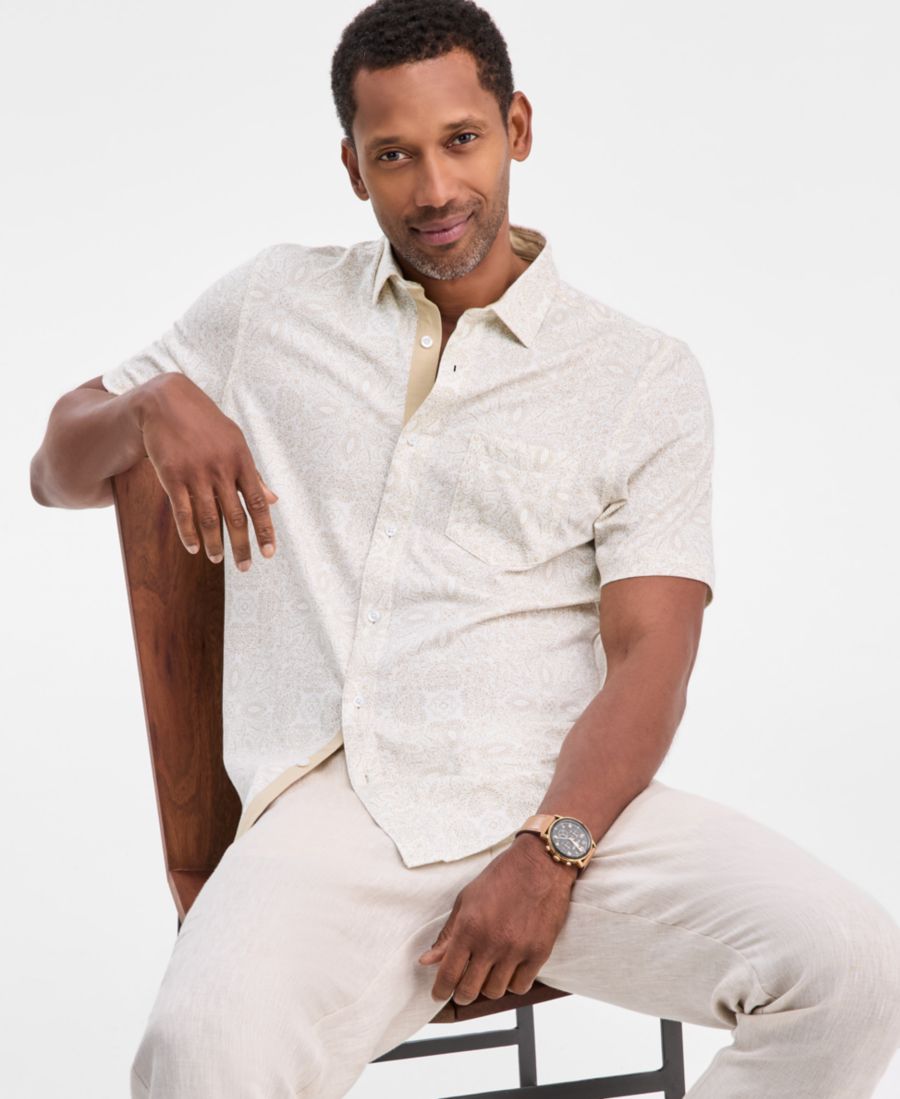 

Мужская трикотажная рубашка из хлопка пима с коротким рукавом и принтом в виде медалей Club Room, Winter Ivory