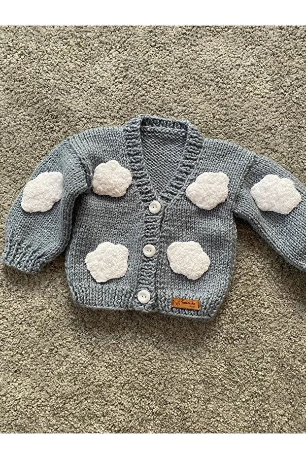 Детский кардиган для мальчиков с принтом Cloud Detailed Hand Knitted Nevalin, Blue — фото 2