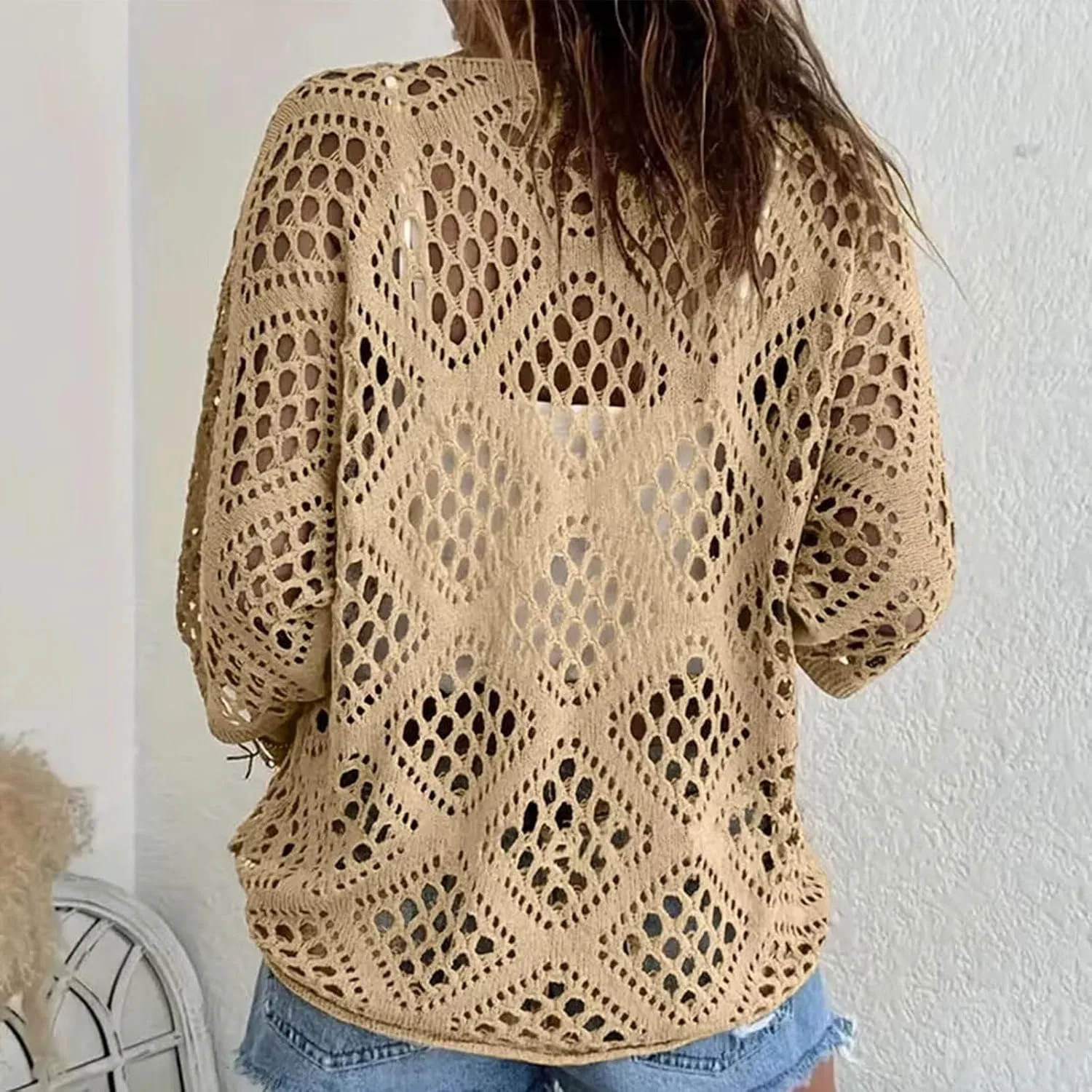 Женская пляжная накидка с кружевным узором длинный рукав, Beige — фото 3