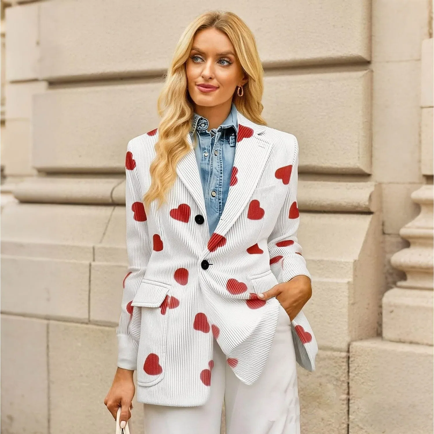 Женская куртка из вельвета с принтом Heart Print, bianco — фото 2