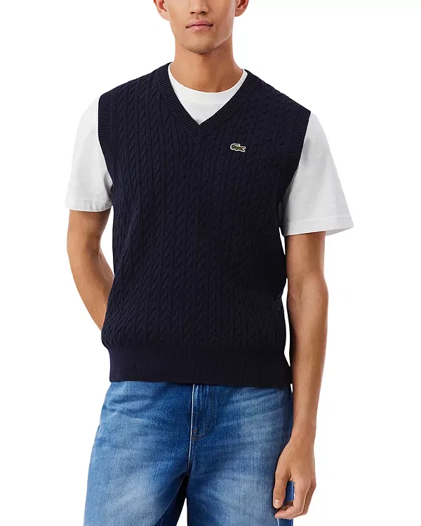 Мужской свитер с v-образным вырезом без рукавов Cable Knit Cotton Lacoste, Navy Blue/Green