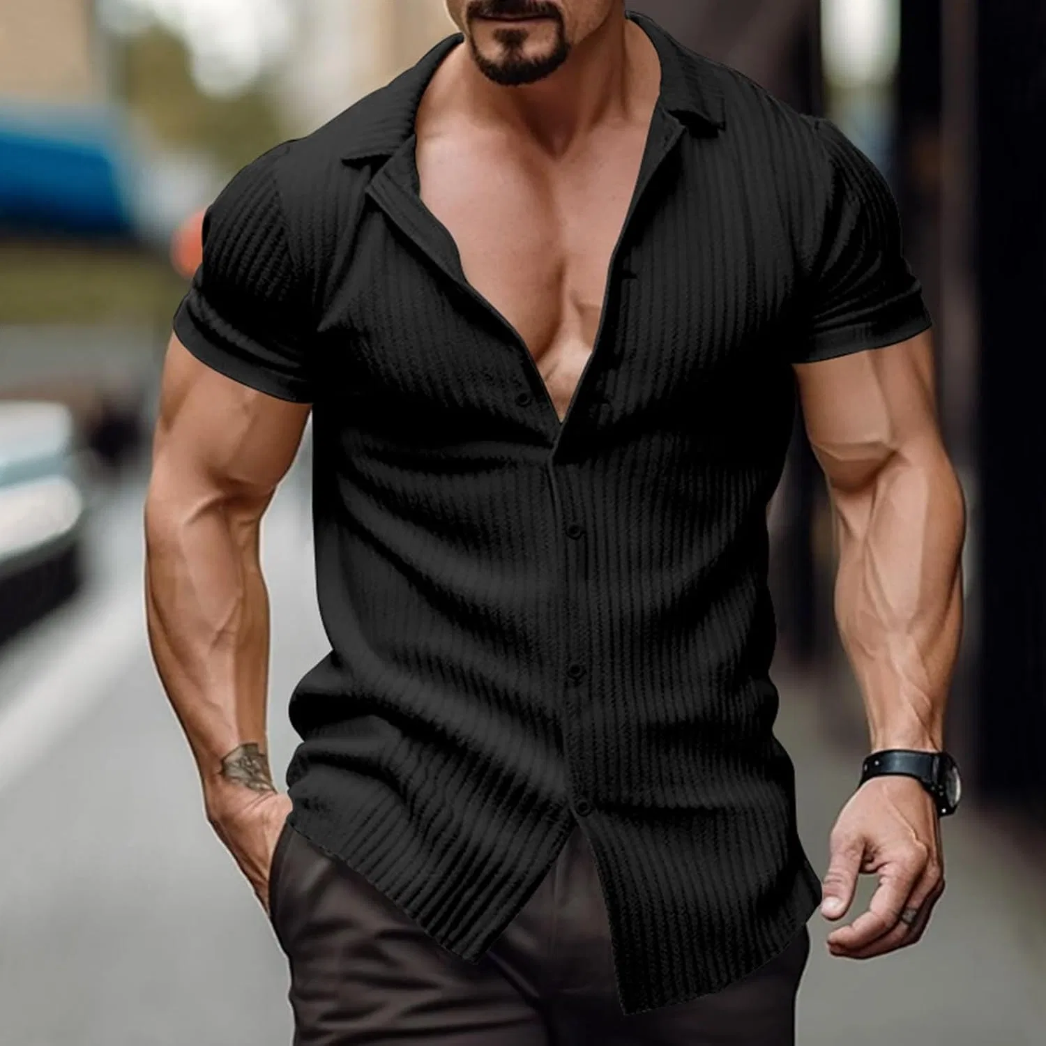 Мужская рубашка с коротким рукавом Slim Fit в вертикальную полоску, модный летний повседневный топ с лацканом Generic, черный — фото 2