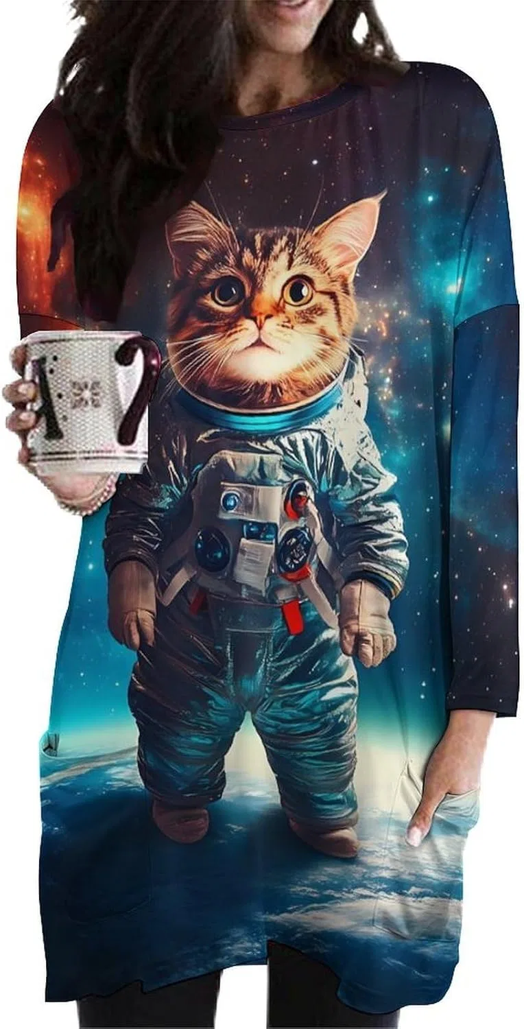 Женское худи-платье оверсайз с карманами Astronaut Cat Galaxy-Spacees, Style — фото 4