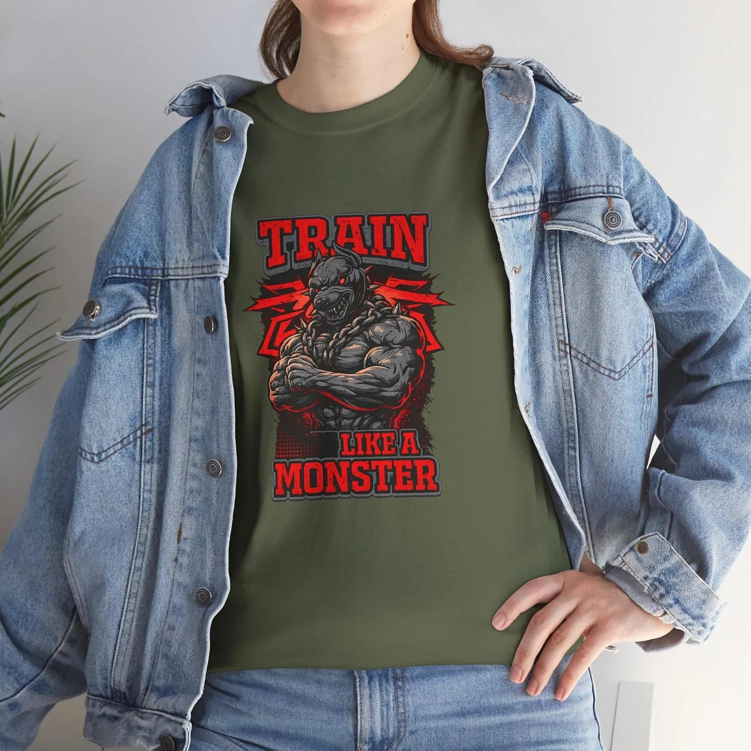 Женская футболка с принтом TRAIN LIKE A MONSTER Gildan 5000, Military Green — фото 3