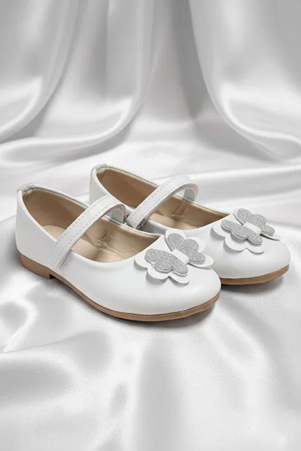 Детские балетки для девочек с принтом White Silver Butterfly Buckle Welissa, White