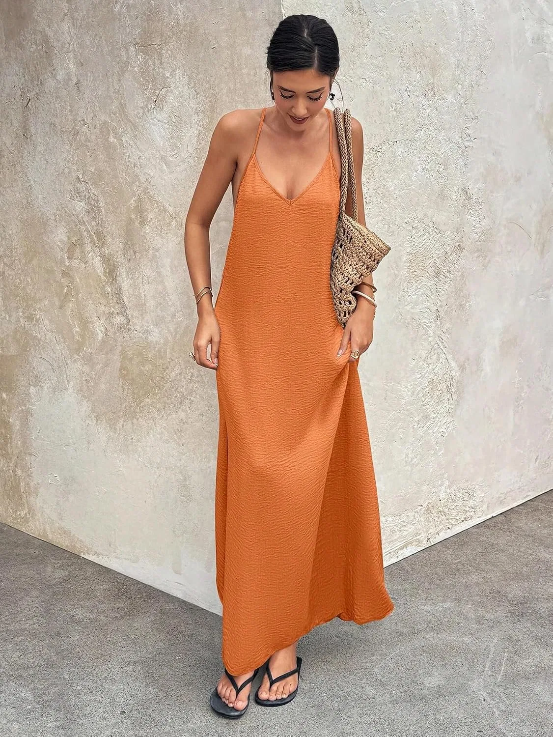 Женское повседневное платье без рукавов с открытой спиной Huhuidong, Orange — фото 4