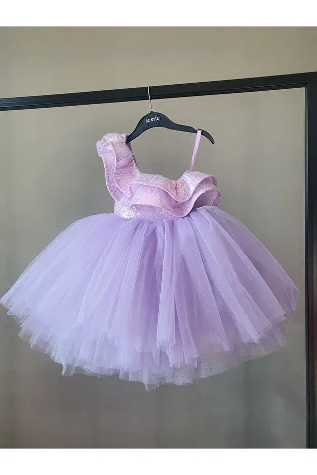 Детское платье для девочек без рукавов Lilac one-shoulder dress with sequins Scstil, Lila