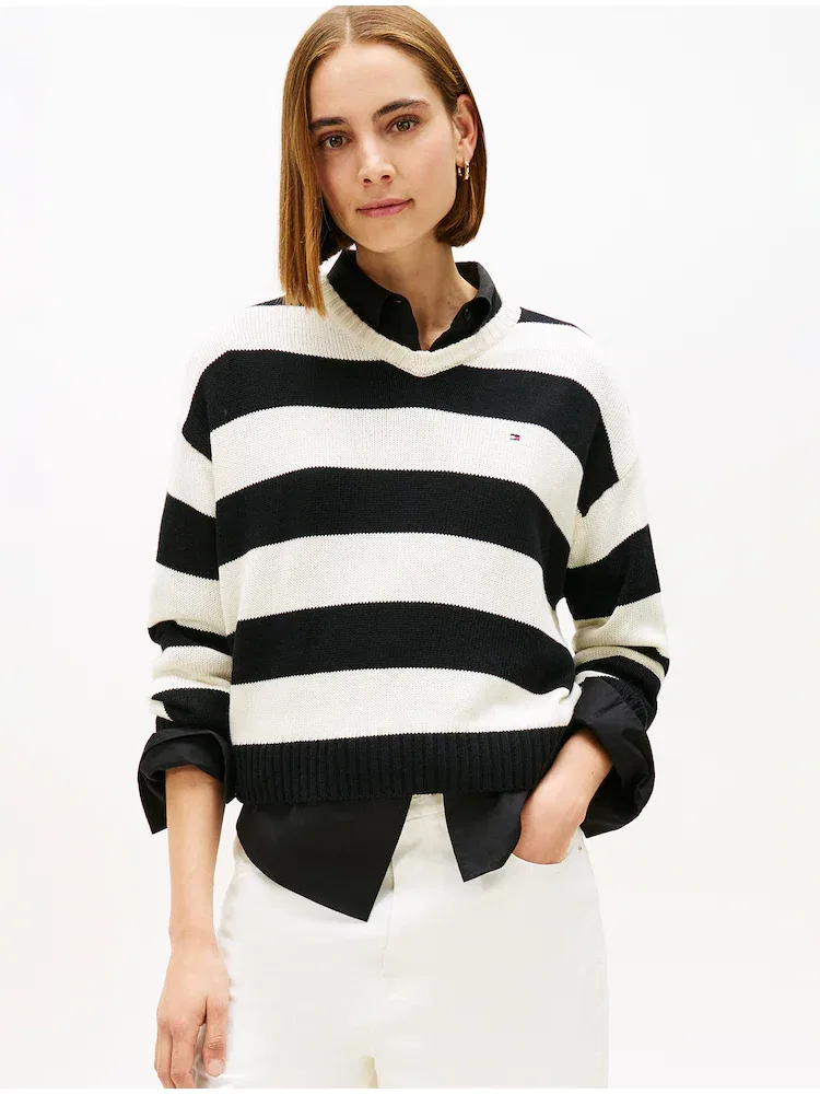 Пуловер с V-образным вырезом, полосатый TOMMY HILFIGER, Black