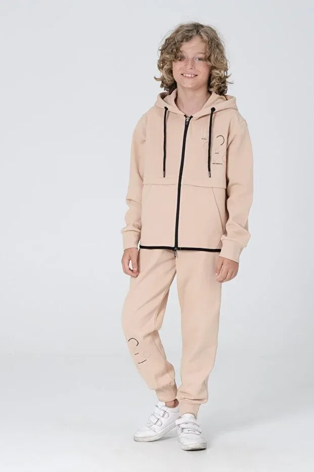 Детский комплект спортивного костюма для мальчиков с принтом Pique Fabric Zippered Hooded Print Detailed Double Pocket Tracksuit Set Black One, Beige